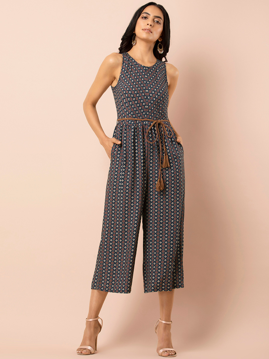 

INDYA Women Navy Blue & Red Printed Culotte Jumpsuit