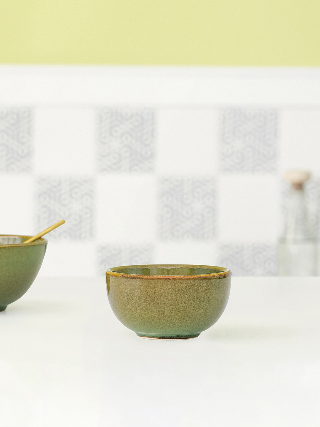 

ellementry Green & Brown Rustic Sage Ceramic Small Serving Bowl