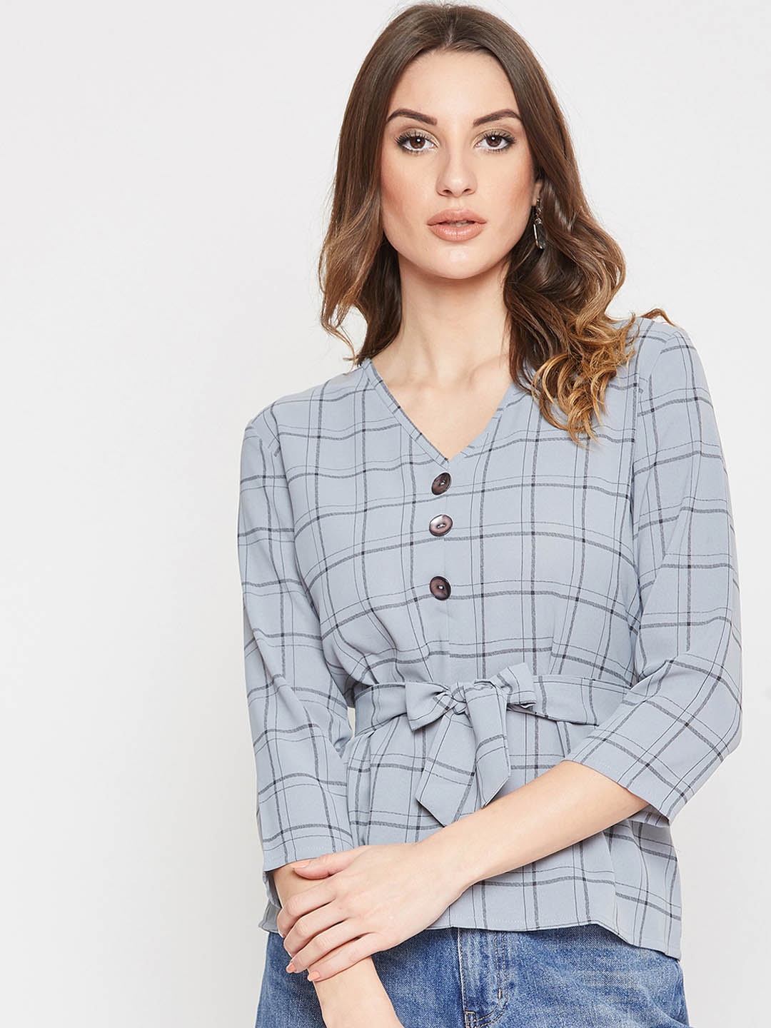 

Marie Claire Women Grey Checked Top with Waist Tie Up
