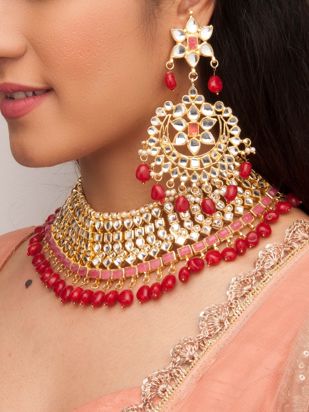 

Rubans Gold-Plated Red & Pink Kundan-Studded Handcrafted Traditional Cut-work Jewellery Set