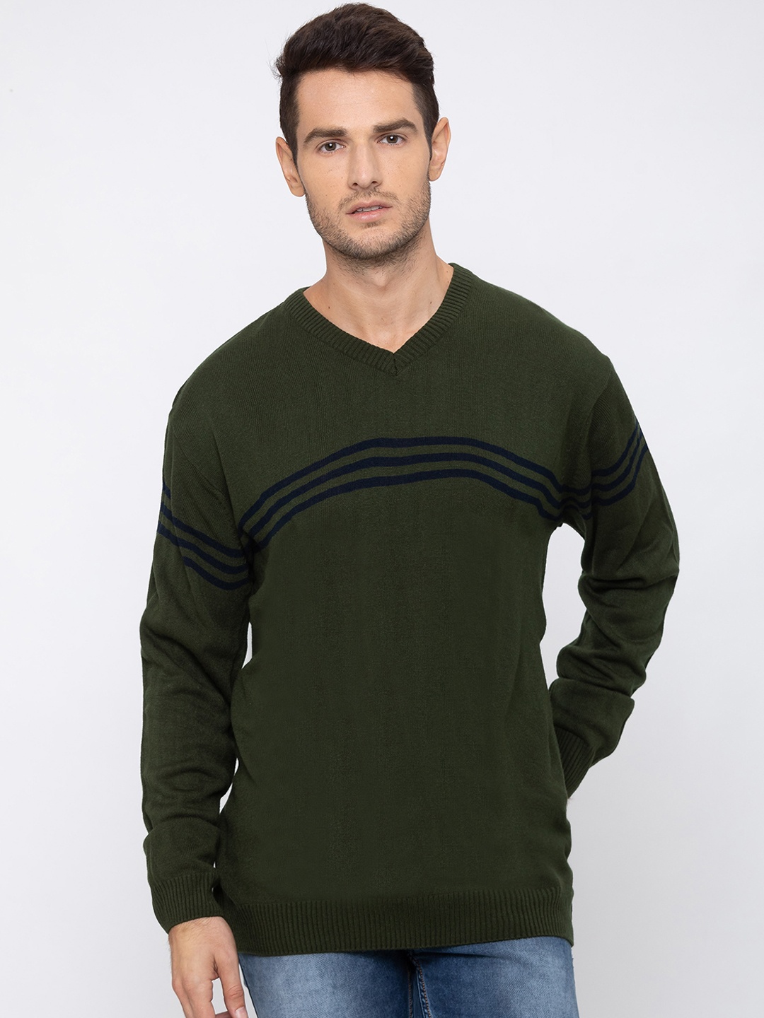 

Globus Men Olive Green Striped Pullover Sweater
