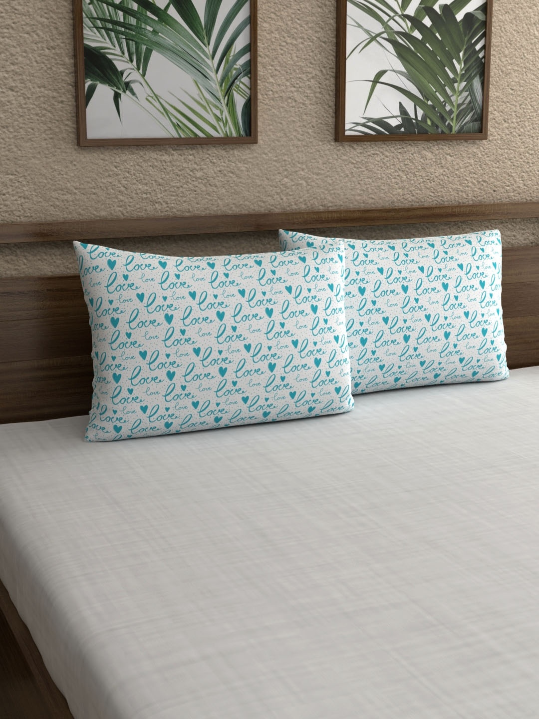My Room Set Of 2 White & Blue Abstract Printed 210TC Sateen Pillow Covers