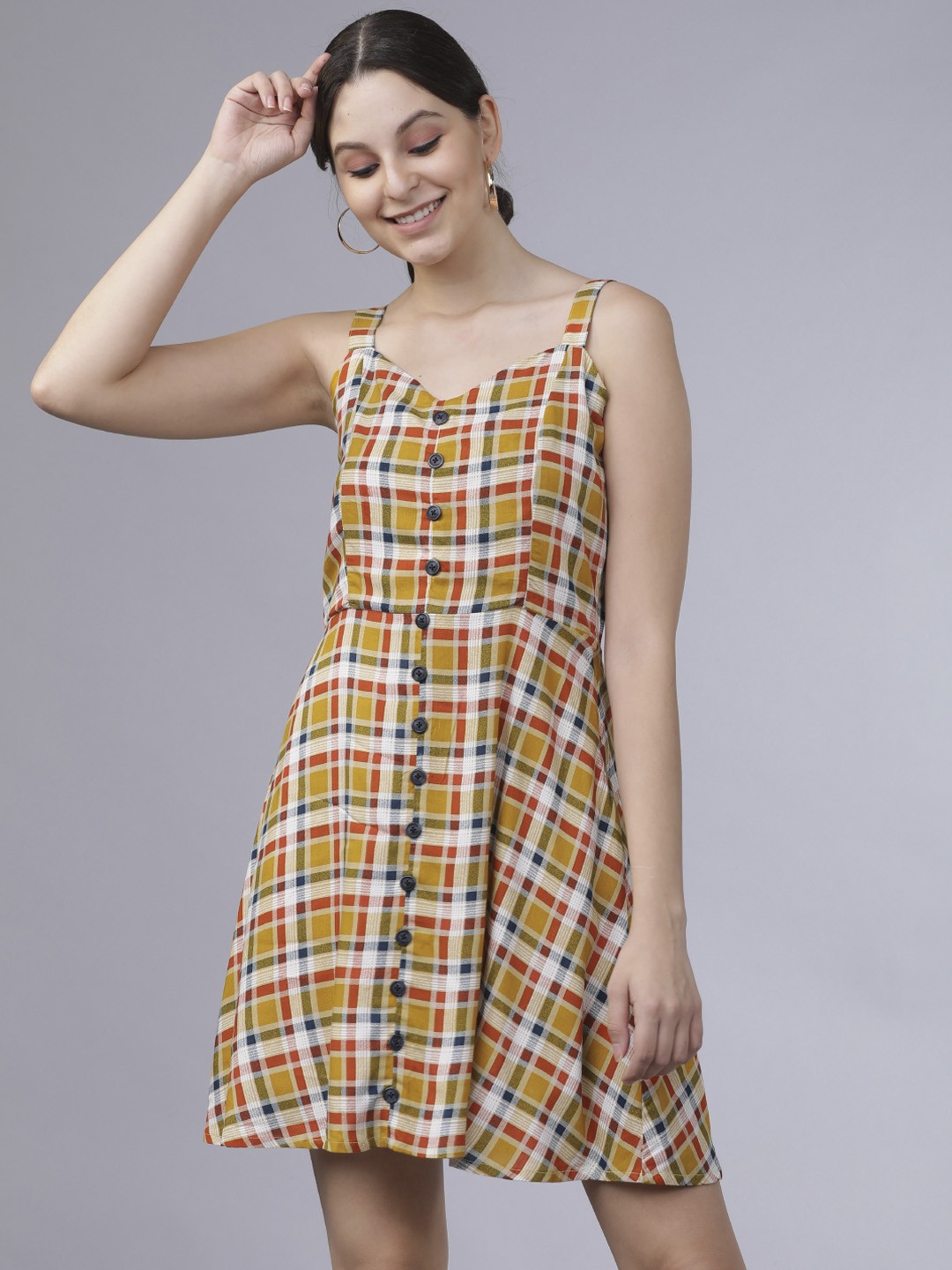 

Tokyo Talkies Women Mustard Yellow & White Checked Fit and Flare Dress