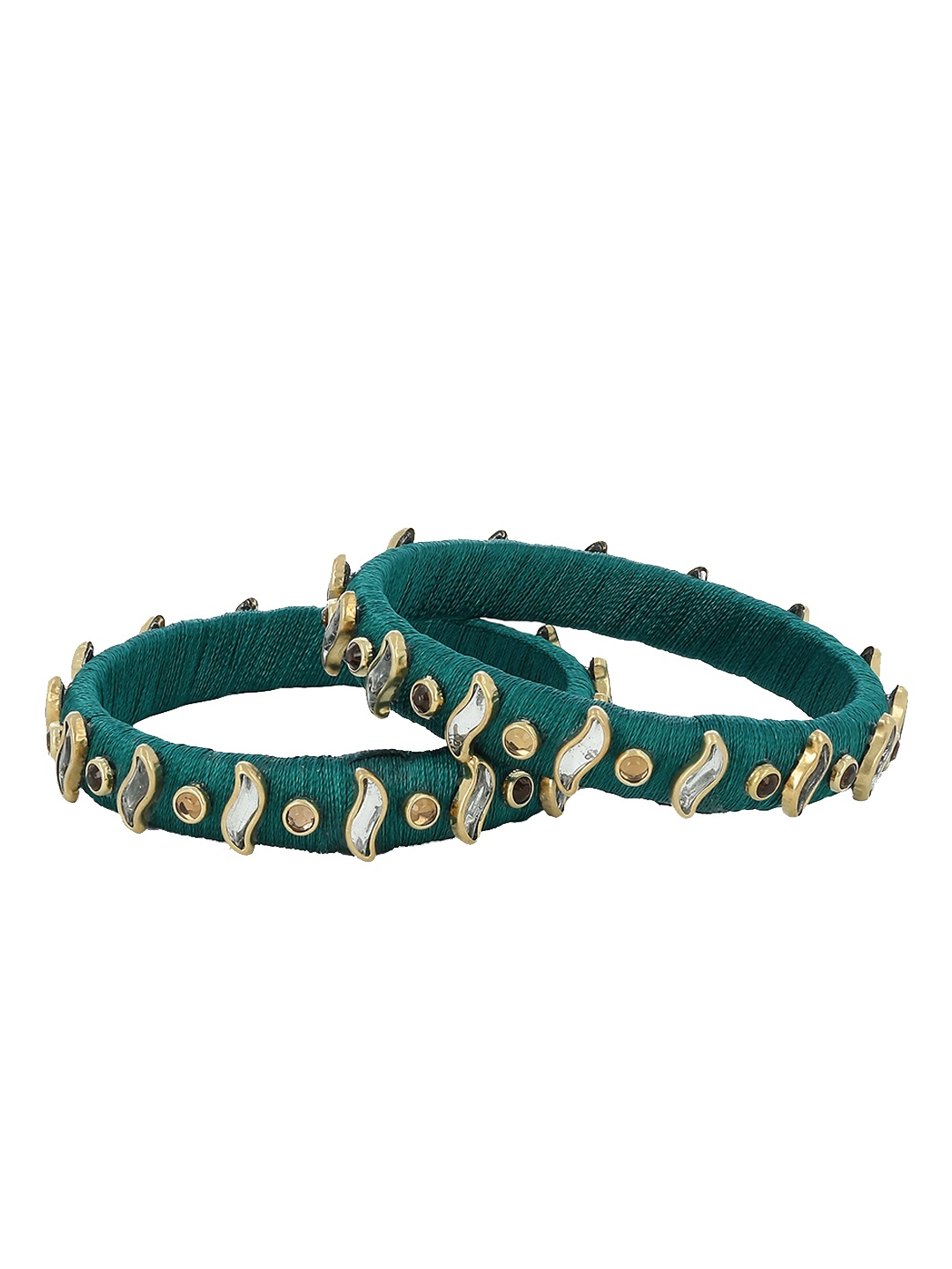

AKSHARA Girls Set of 2 Green & White Kundan-Studded Handcrafted Silk Thread Bangles