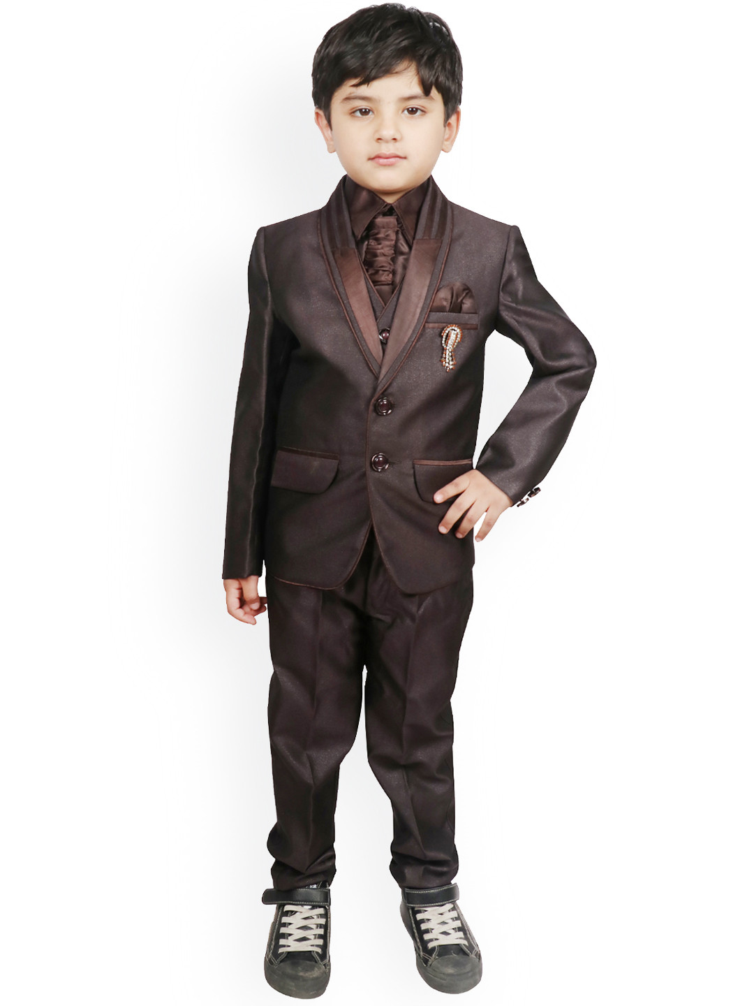 

SG YUVRAJ Boys Coffee Brown Self-Design Single-Breasted Tuxedo Party Suit