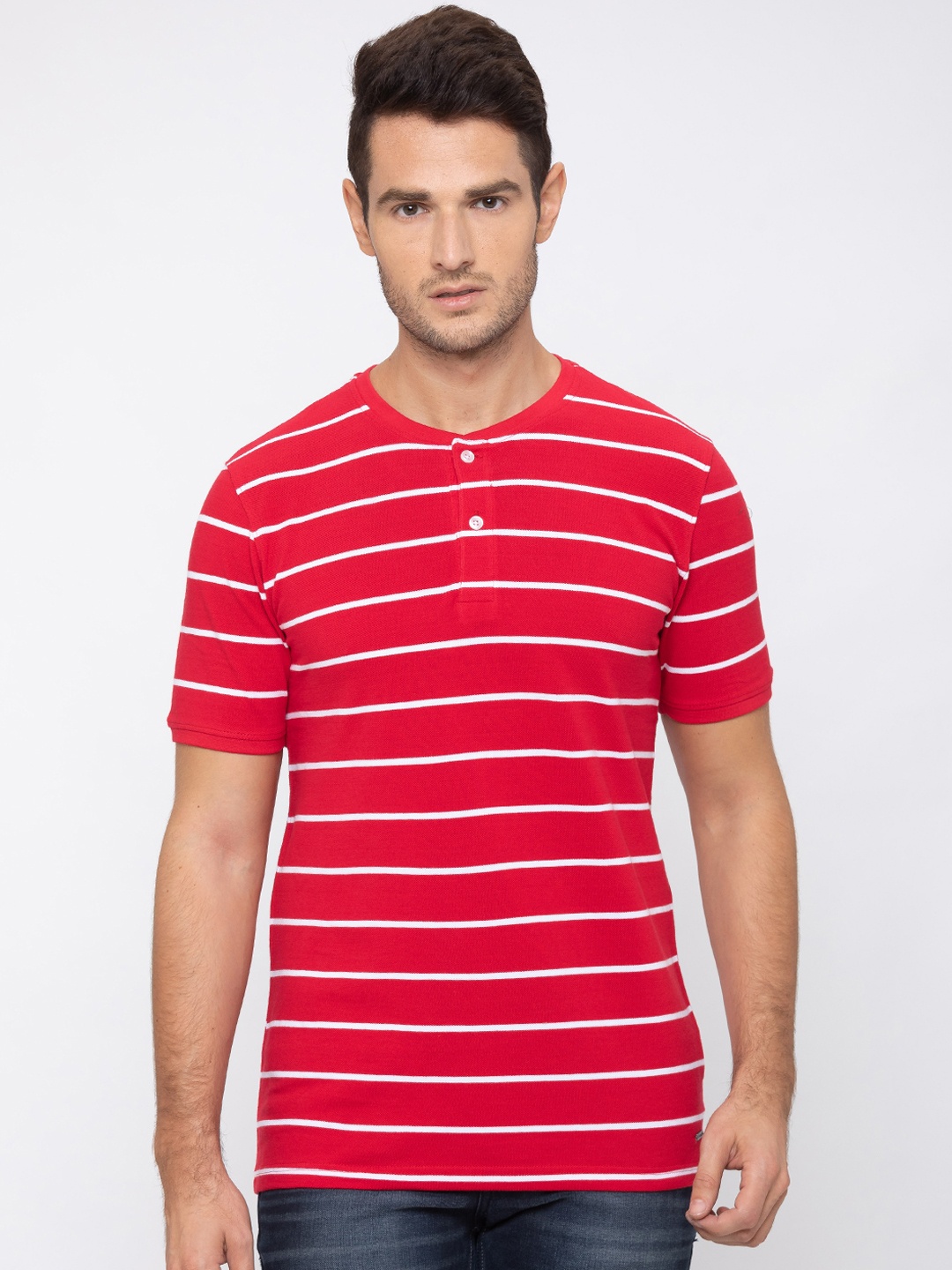 

Globus Men Red And White Striped Henley Neck T-shirt