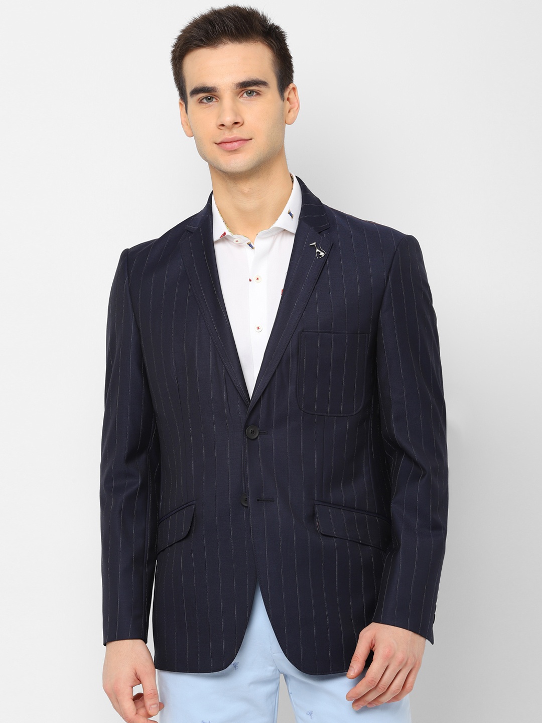 

SIMON CARTER LONDON Men Navy Blue Striped Slim-Fit Single-Breasted Casual Blazer