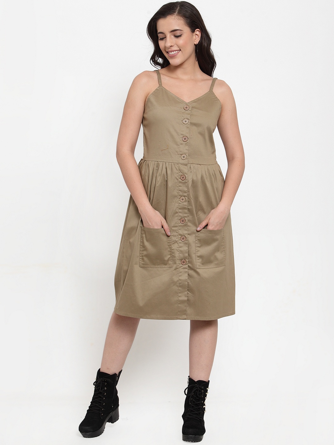 

VOXATI Women Khaki Solid Fit and Flare Denim Dress