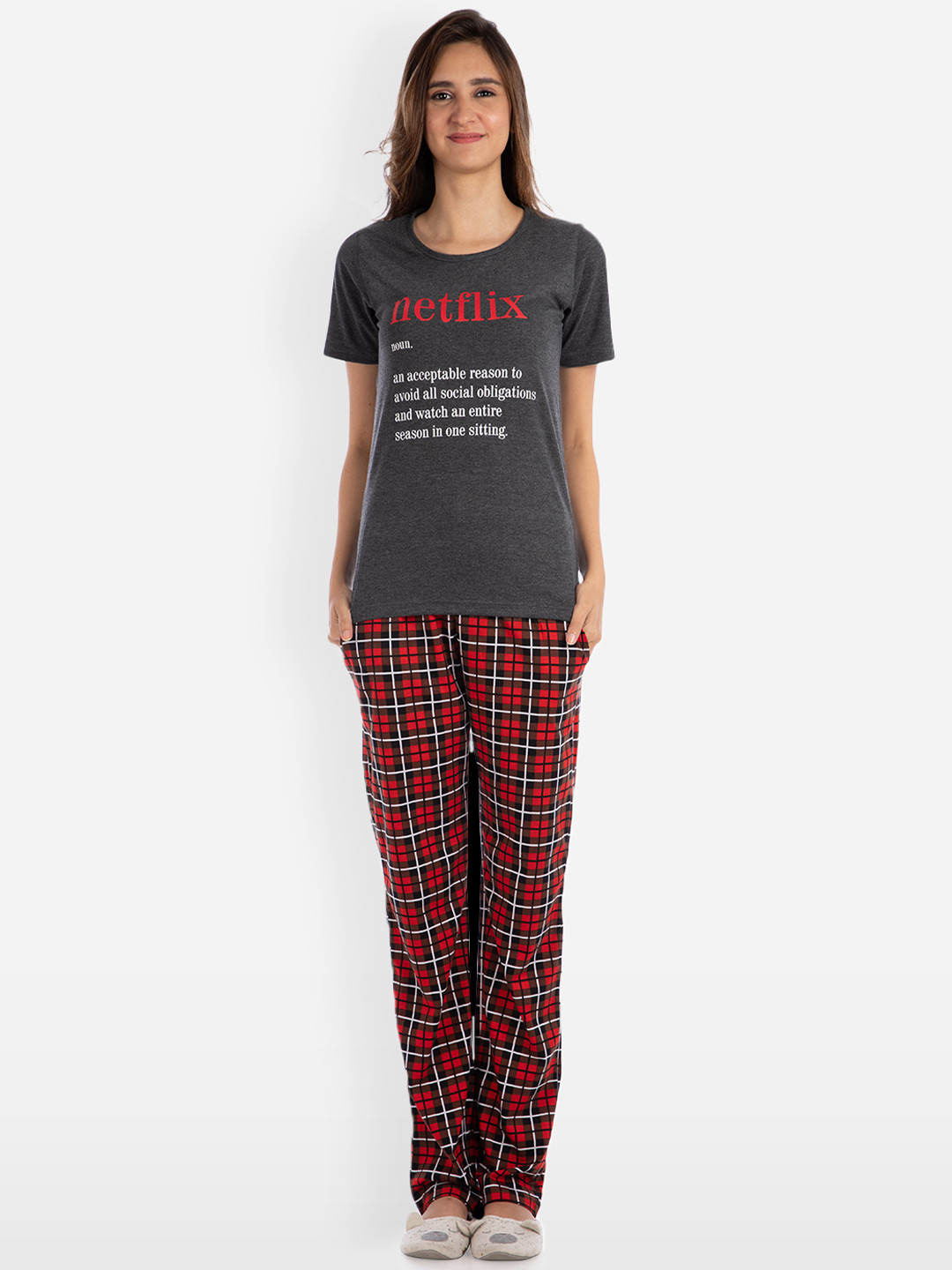 

Nite Flite Women Grey & Red Printed Night suit