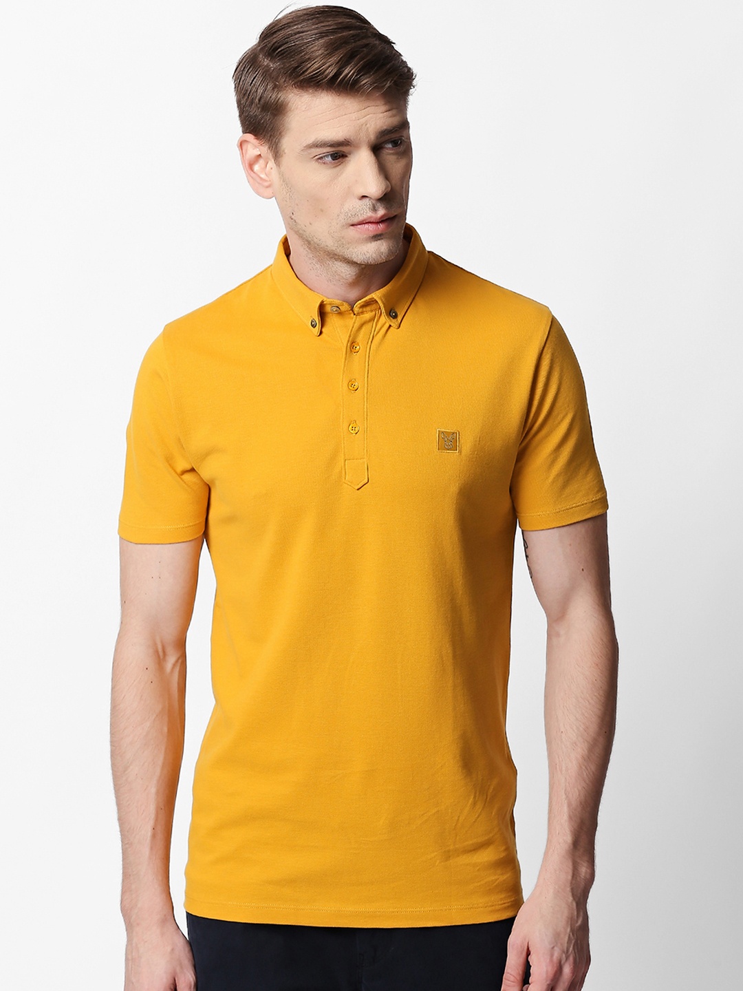 

RARE RABBIT Men Mustard Yellow Solid Polo Collar T-shirt