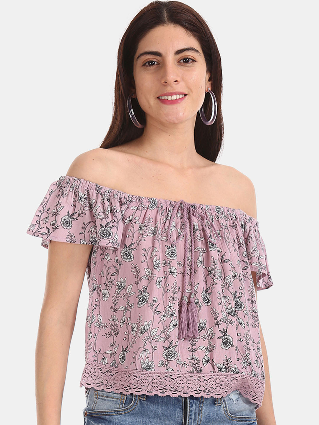 

Aeropostale Women Lavender Floral Printed Bardot Top
