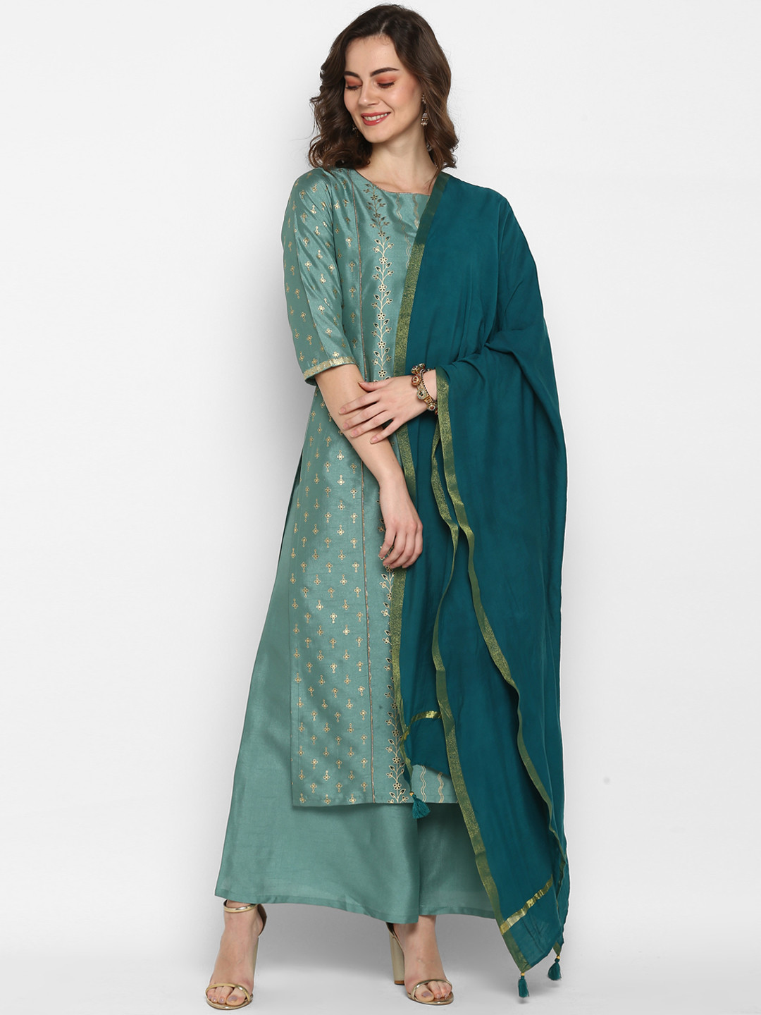 

Janasya Women Green & Gold-Toned Printed Kurta with Palazzos & Dupatta