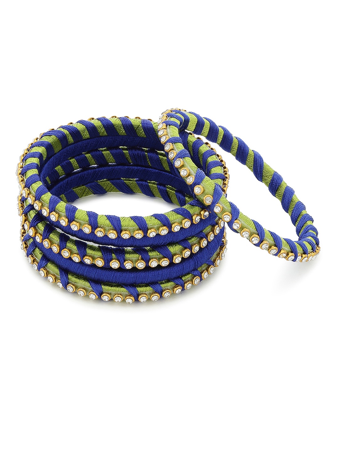 

AKSHARA Girls Set of 2 Blue & Green Stone-Studded Handcrafted Silk Thread Bangles
