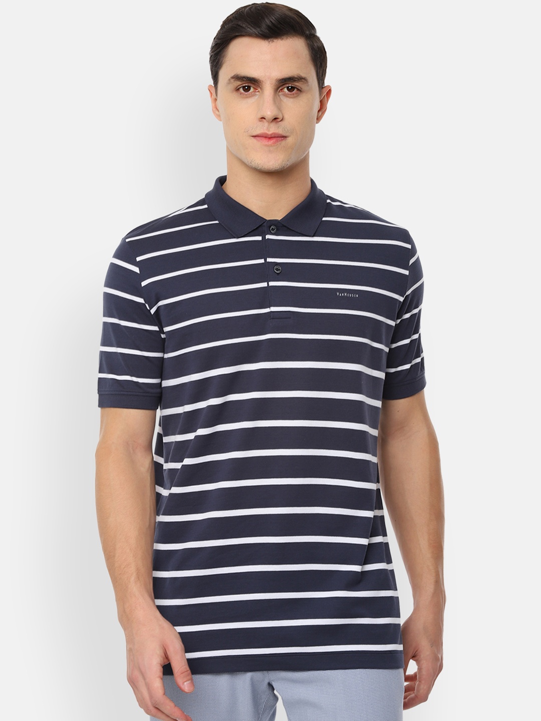 

Van Heusen Men Navy Blue White Striped Polo Collar Pure Cotton T-shirt