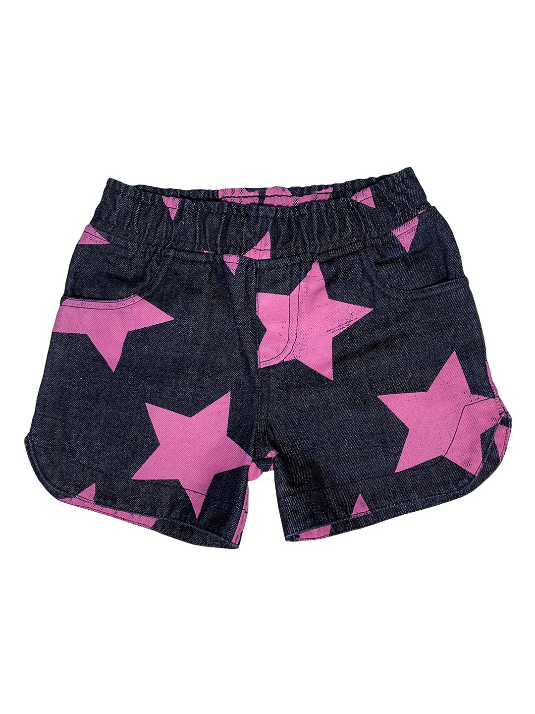 

KiddoPanti Girls Navy Blue Printed Slim Fit Denim Shorts