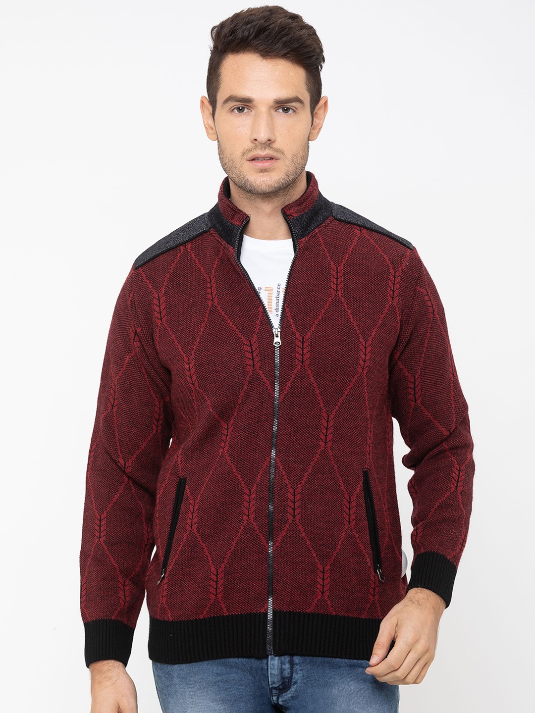 

Globus Men Maroon Self Design Bomber Jacket