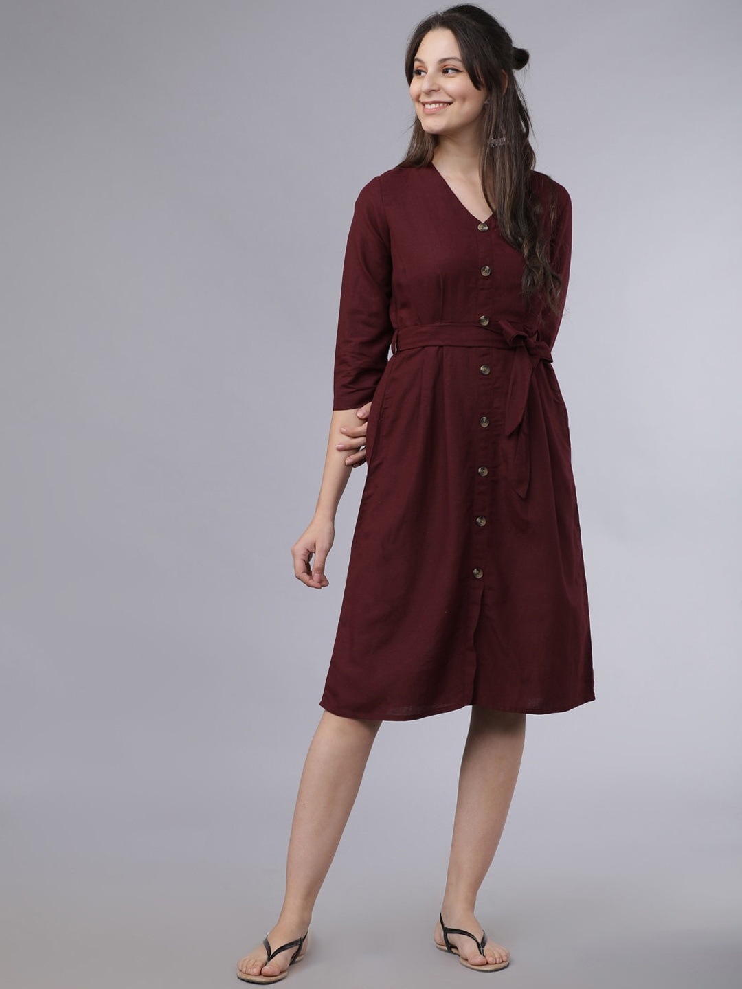 

Tokyo Talkies Women Burgundy Solid A-Line Dress