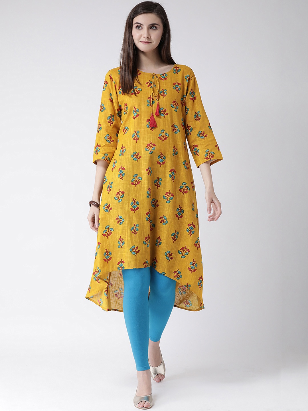 

Span Women Mustard Yellow & Blue Printed A-Line Kurta