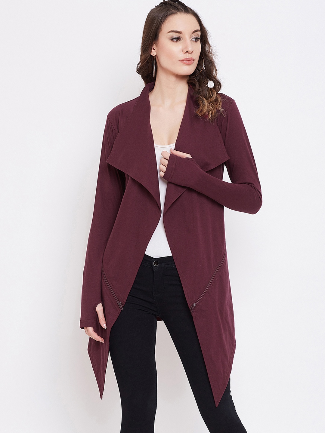 

Hypernation Women Maroon Solid Open Front Shrug