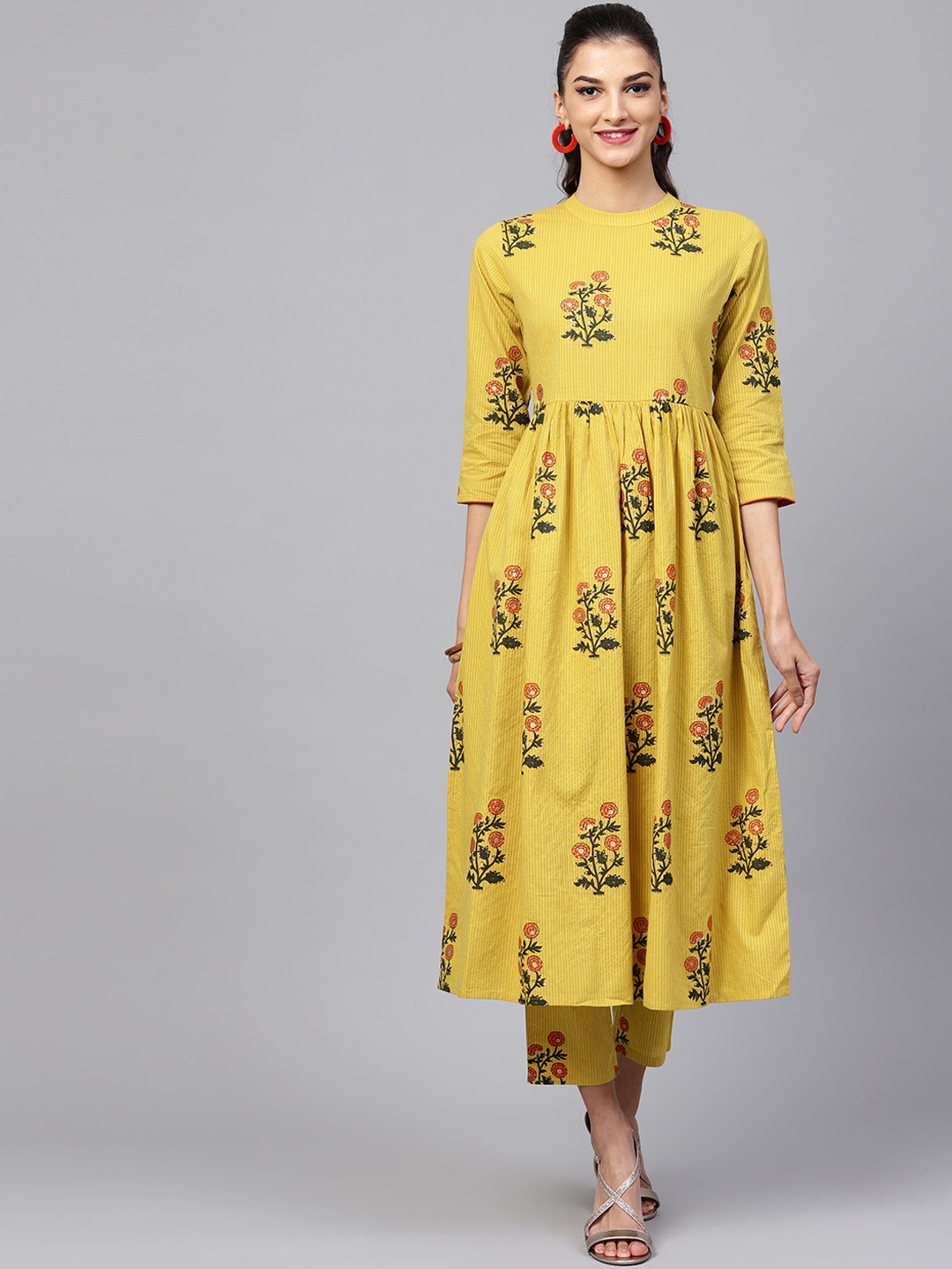 

Indo Era Women Mustard Yellow Floral Print A-Line Kurta