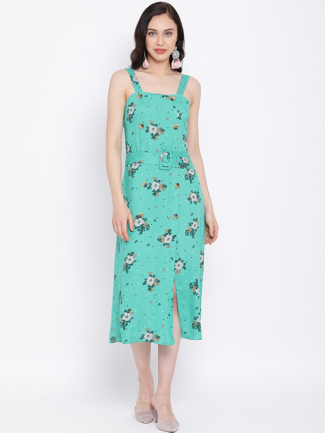 

Oxolloxo Women Sea Green & Off-White Printed A-Line Dress