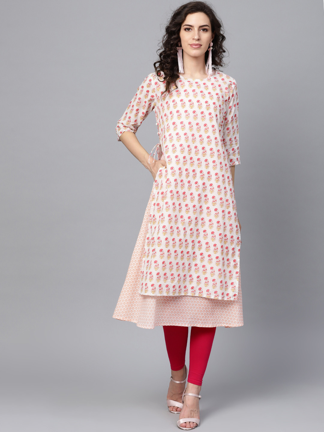 

Indo Era Women Pink & White Printed A-Line Kurta