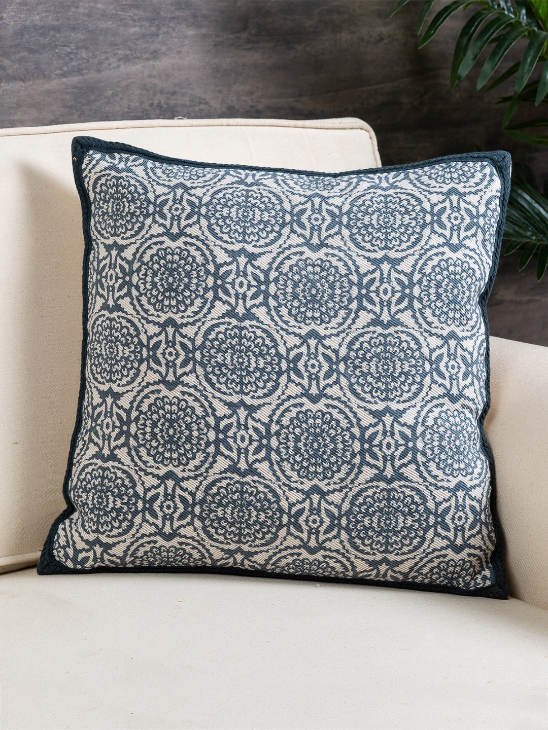 

Pure Home and Living Beige & Blue Set of Single Floral Square Cushion Cover