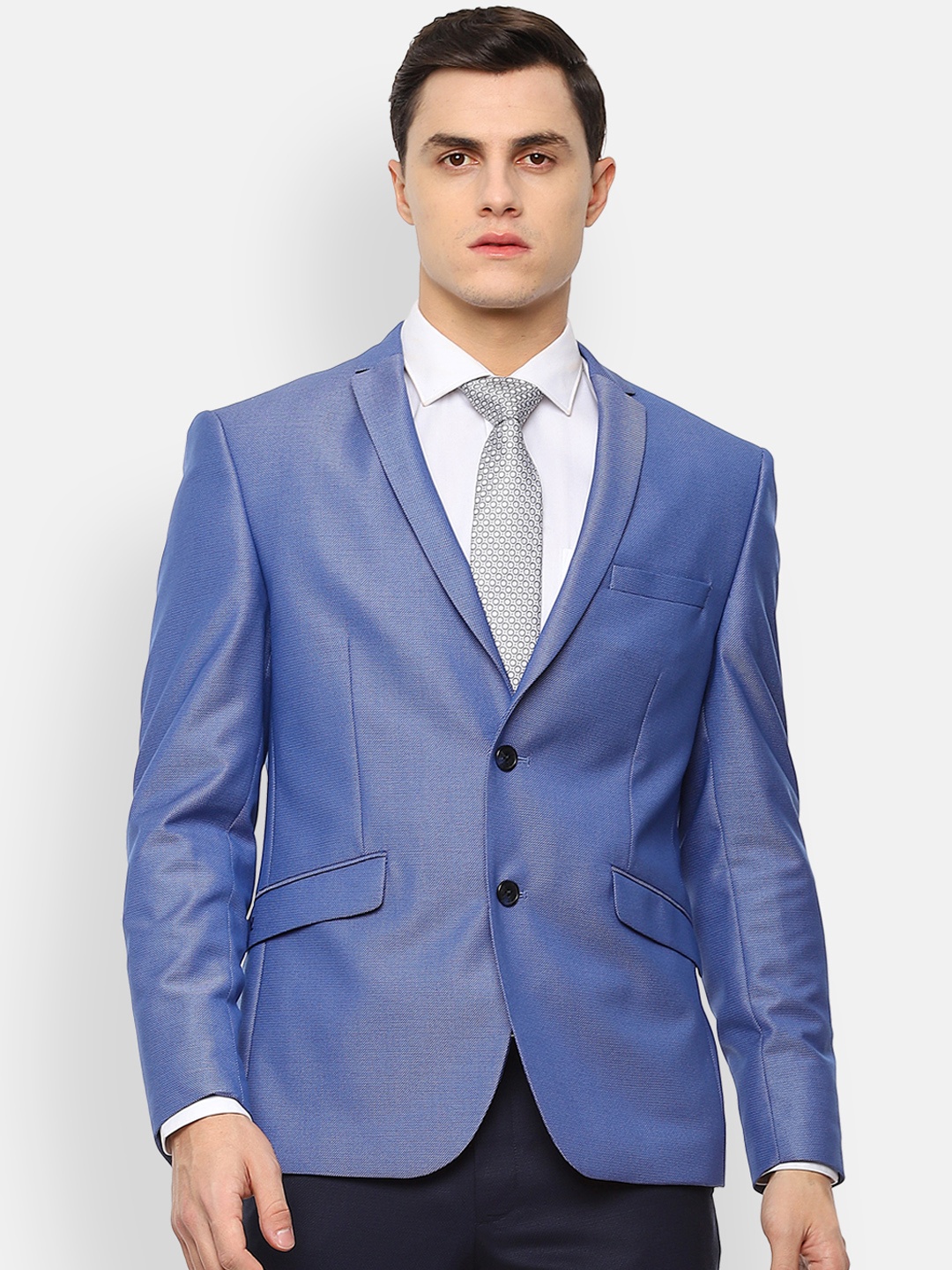 

V Dot Men Blue Self-Design Slim-Fit Single-Breasted Formal Blazer