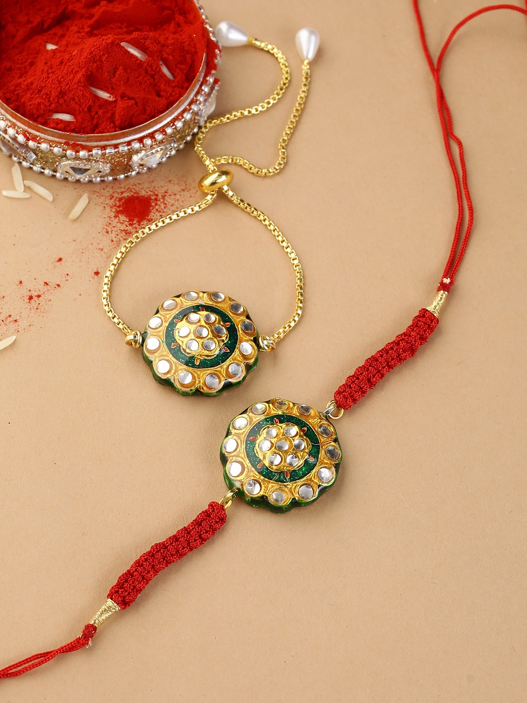 

Shoshaa Red & Green Meenakari Kundan Studded Bhai Bhabhi Rakhi Combo