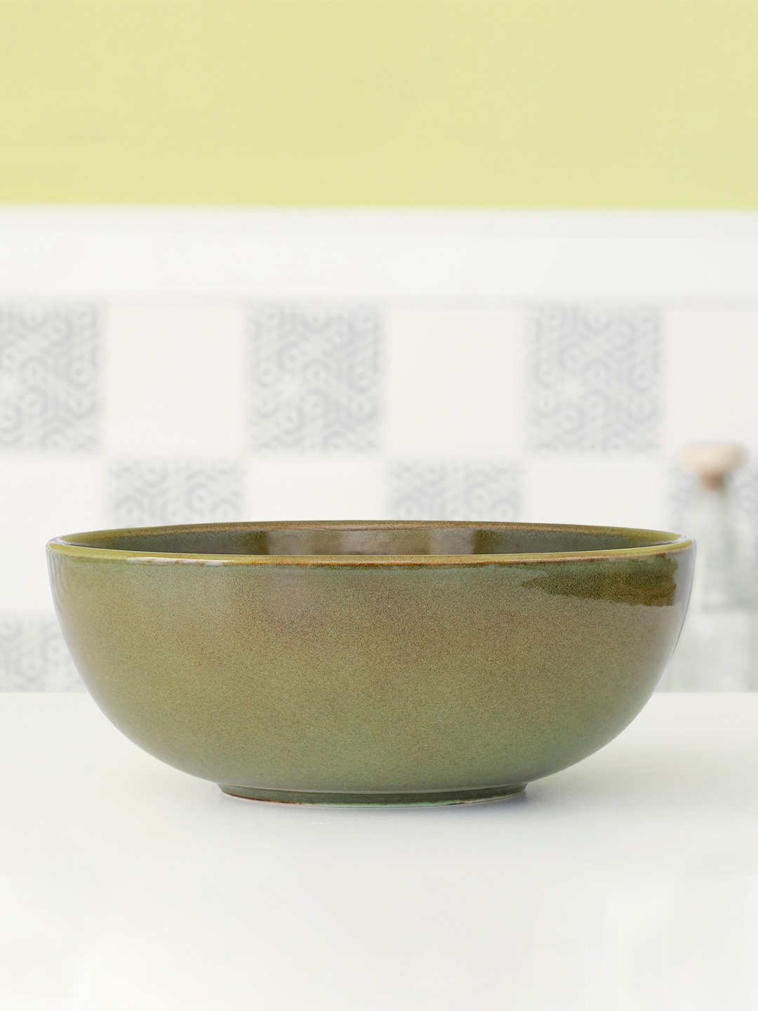 

ellementry Green & Brown Rustic Sage Ceramic Large Serving Bowl