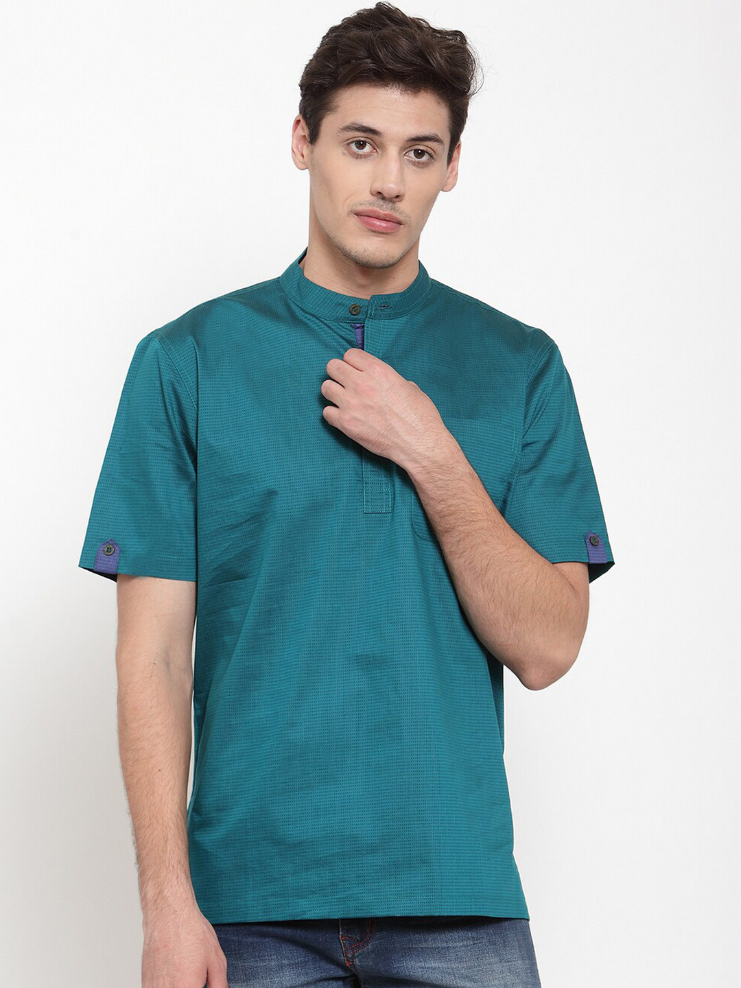 

NEUDIS Men Teal Green Checked Straight Kurta