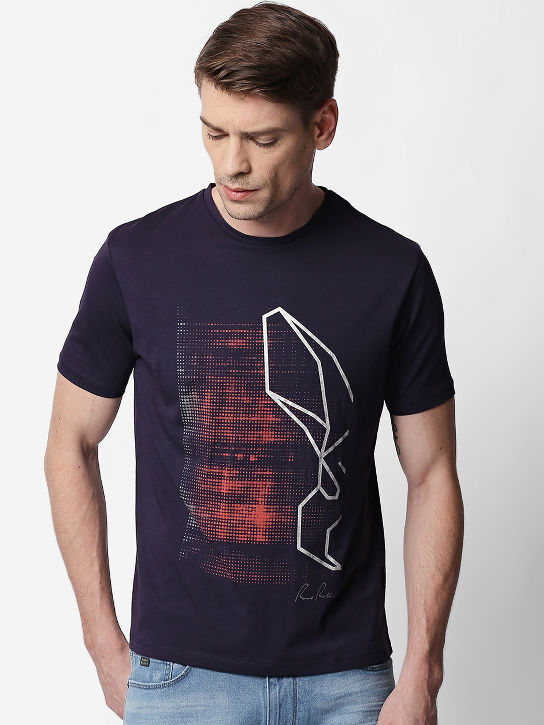 

RARE RABBIT Men Navy Blue Printed Round Neck T-shirt