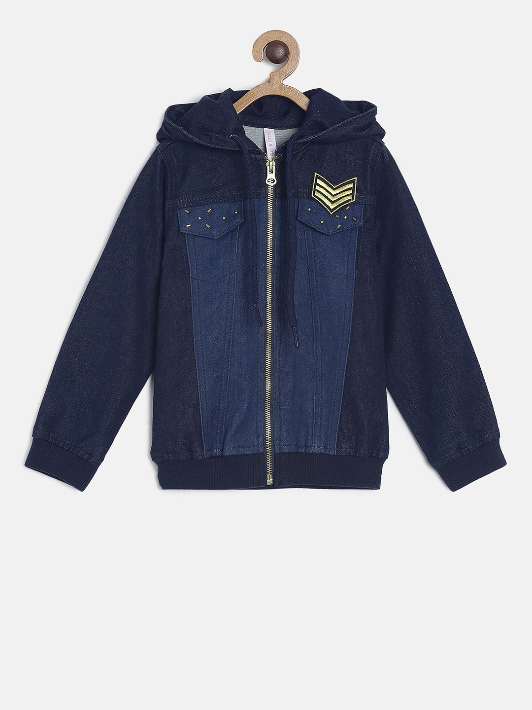

TALES & STORIES Girls Navy Blue Self Design Lightweight Denim Jacket
