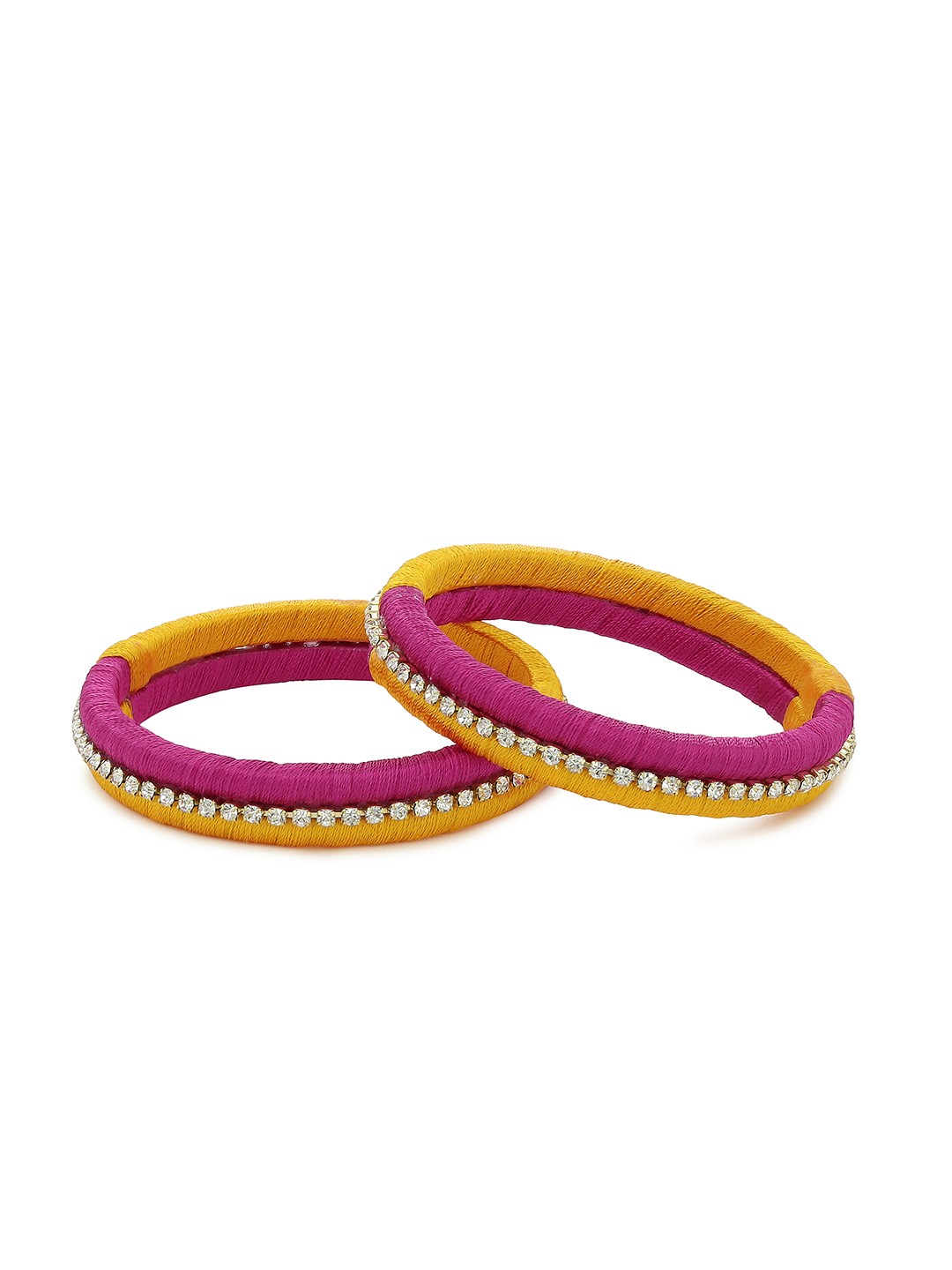 

AKSHARA Girls Set of 2 Pink & Yellow Stone-Studded Handcrafted Silk Thread Bangles