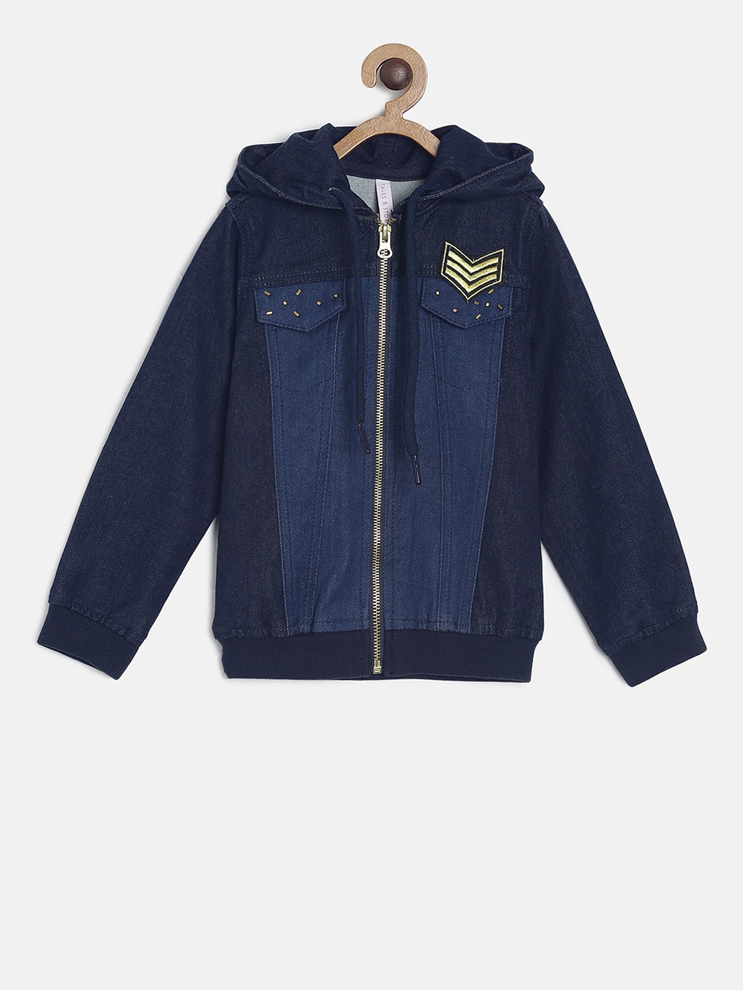 

TALES & STORIES Girls Navy Blue Self Design Lightweight Hooded Denim Jacket