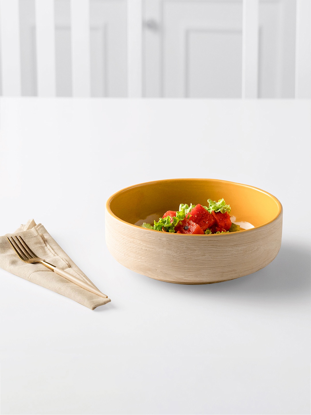 ellementry Orange & Beige Textured Amber Love Ceramic Salad Bowl