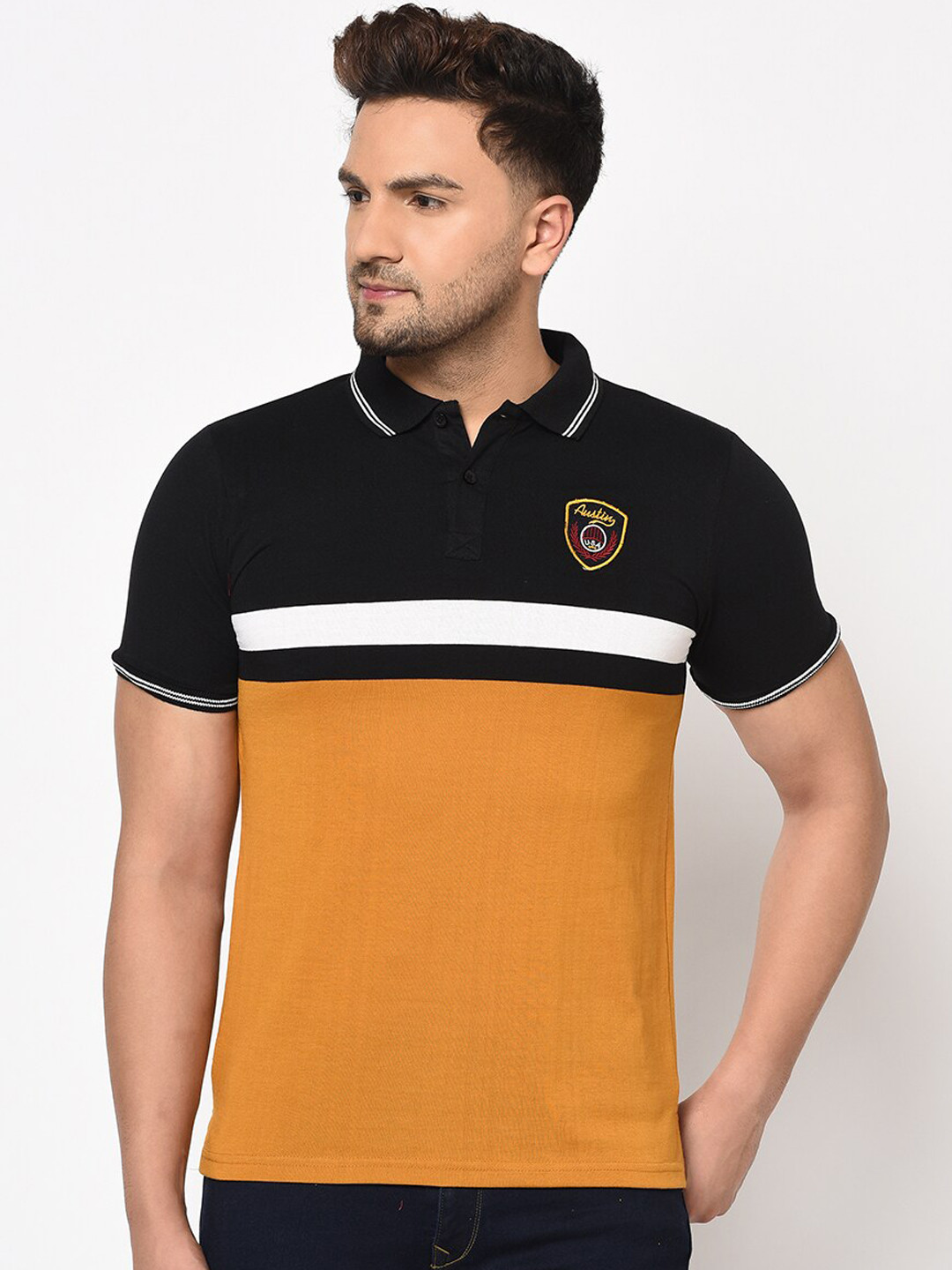

Austin wood Men Mustard Yellow & Black Colourblocked Polo Collar T-shirt