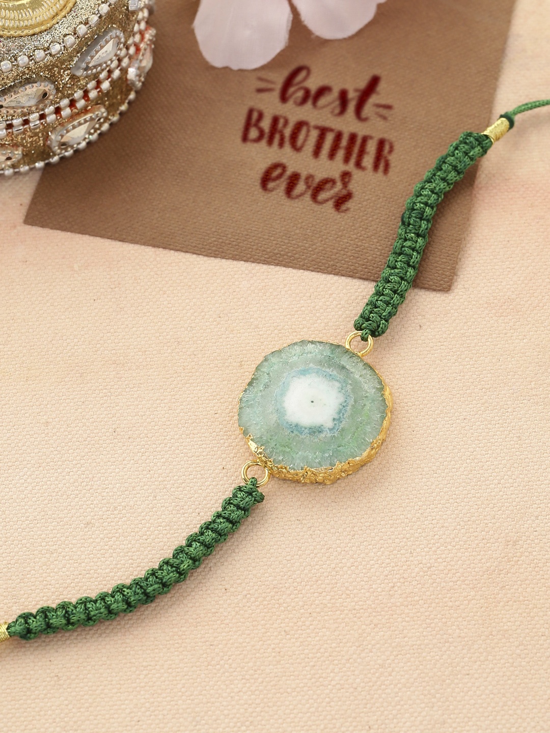 

Shoshaa Men Green & Gold-Plated Agate Stone Studded Rakhi