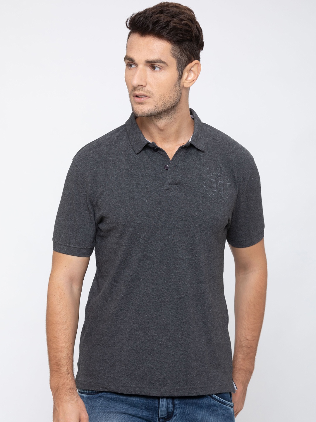 

Globus Men Charcoal Grey Solid Polo Collar T-shirt
