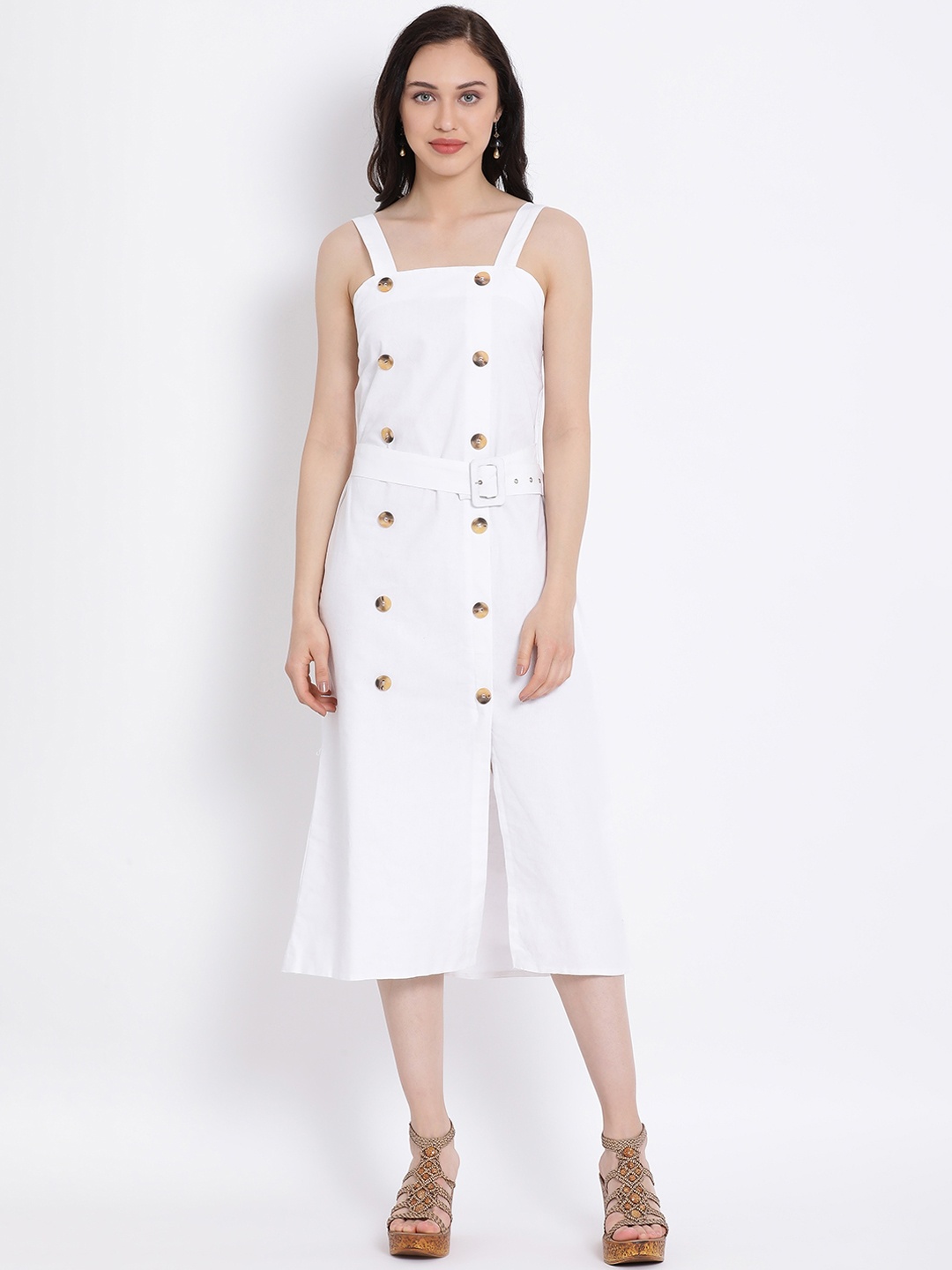 

Oxolloxo Women White Solid Pinafore A-Line Dress