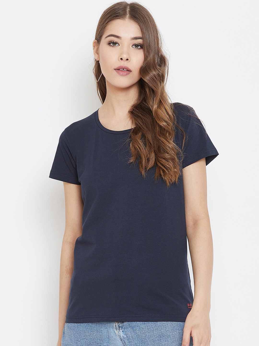 Okane Women Navy Blue Solid Round Neck T-shirt