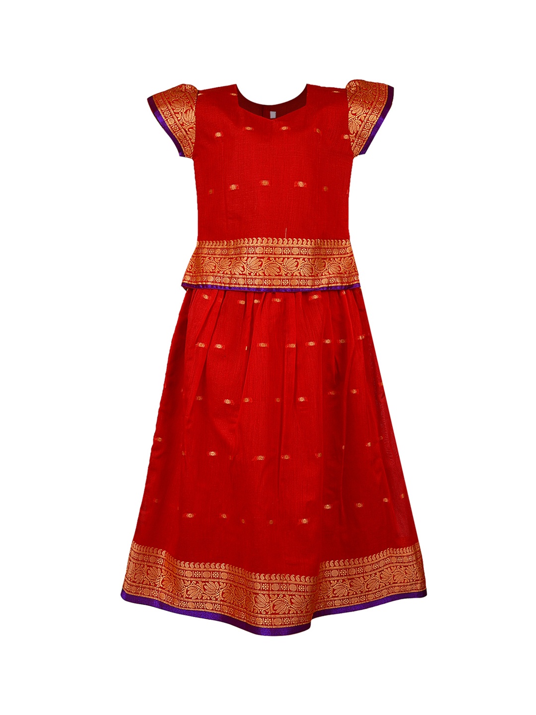 

Wish Karo Red & Gold-Coloured Woven Design Ready to Wear Pattu Pavadai
