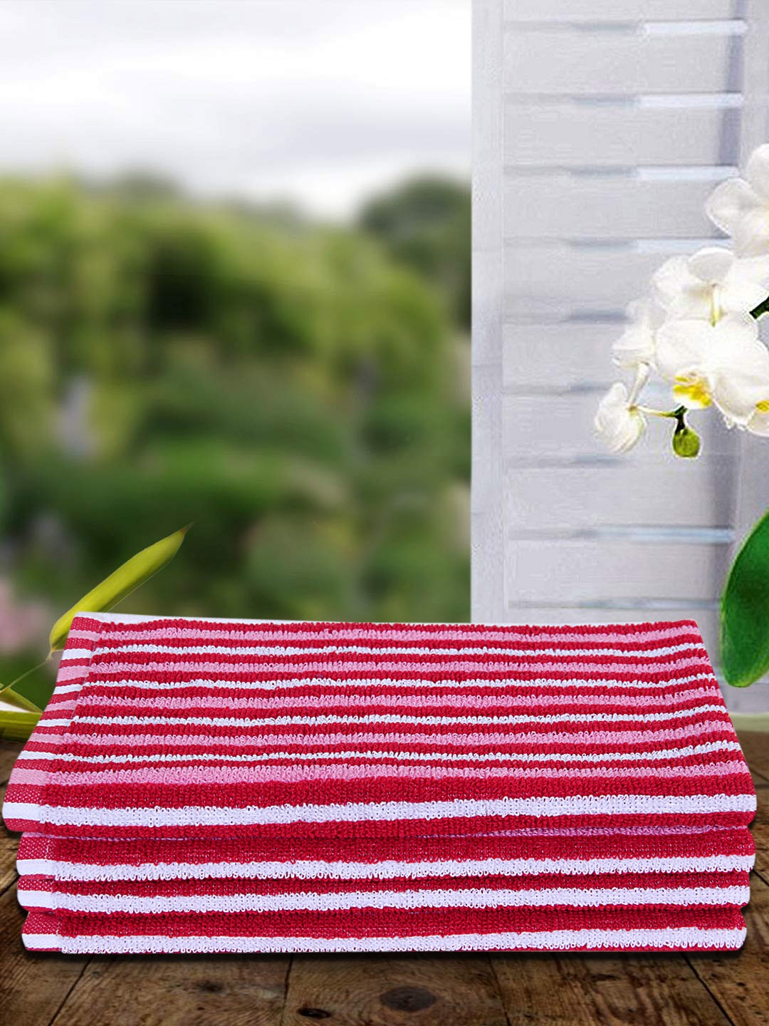 

ROMEE Set Of 4 Pink & Red Striped 250 GSM Hand Towels