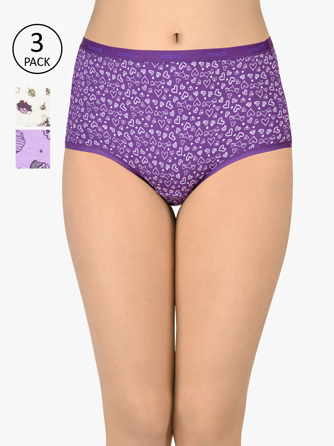 

Amante Women Pack Of 3 Printed Full Briefs PPK53101, Purple
