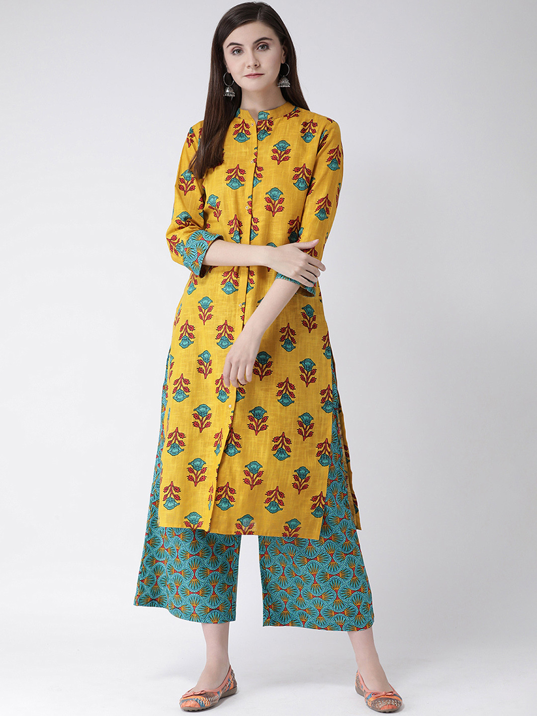 

Span Women Mustard Yellow & Blue Printed Kurta with Palazzos