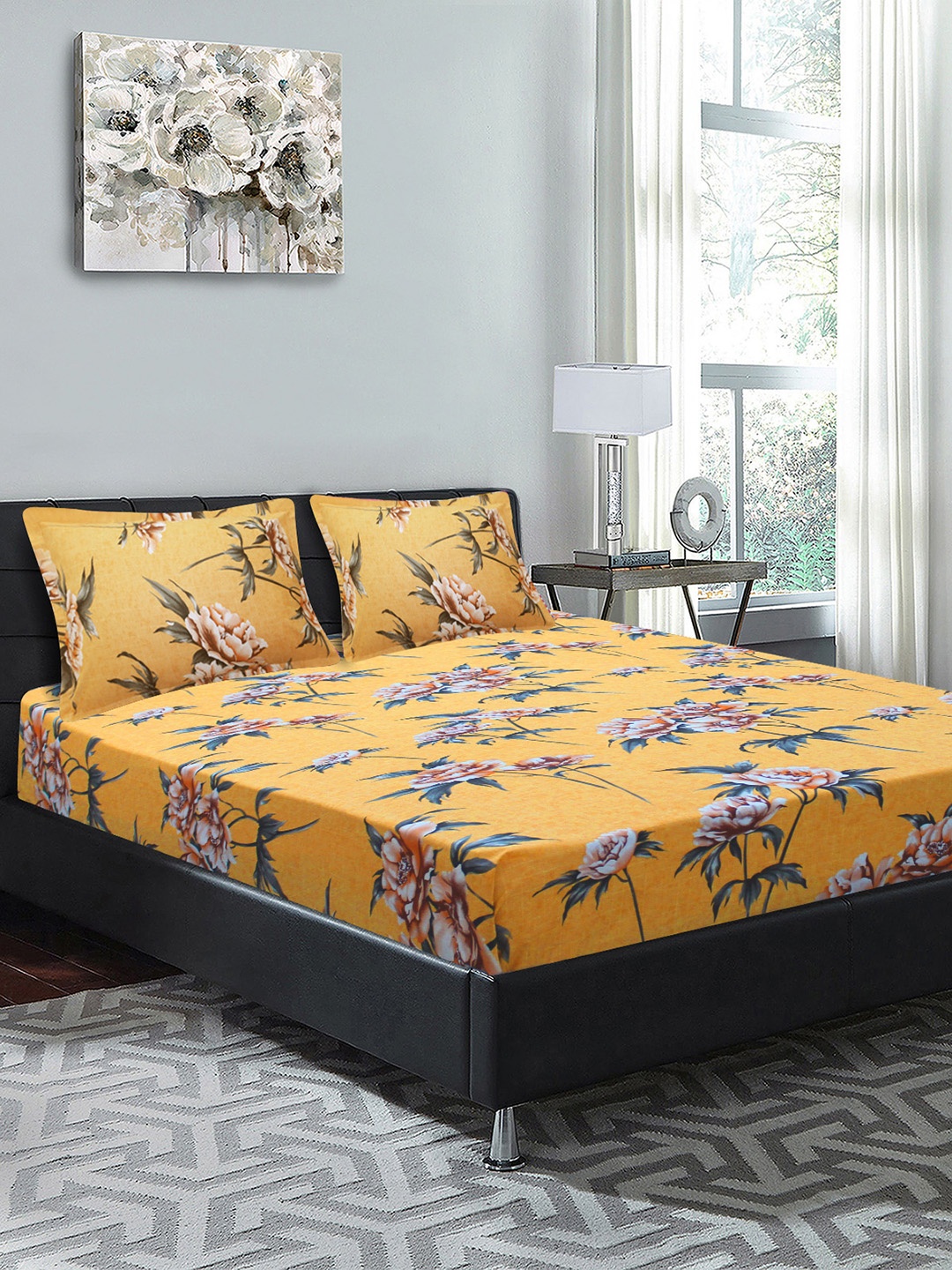 

Good Homes by Home Candy Yellow & Green Floral 144 TC Cotton 1 King Bedsheet with 2 Pillow Covers