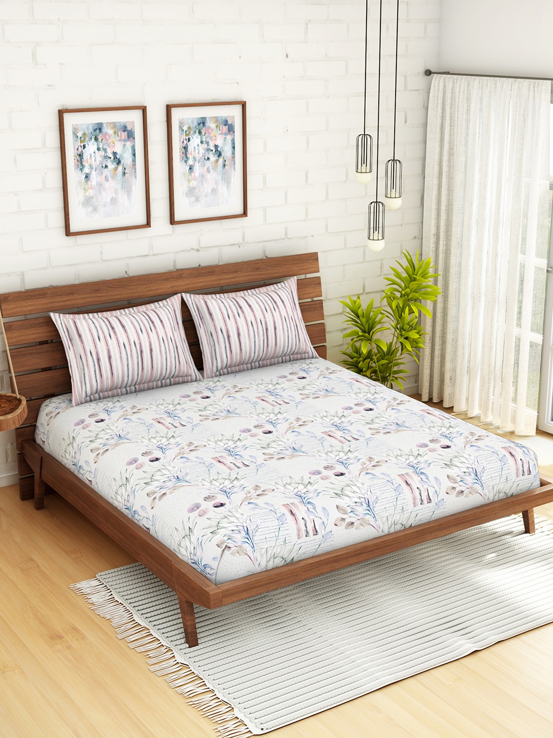 

SPACES Organic Cotton White & Blue Floral 180 TC Cotton 1 King Bedsheet with 2 Pillow Covers