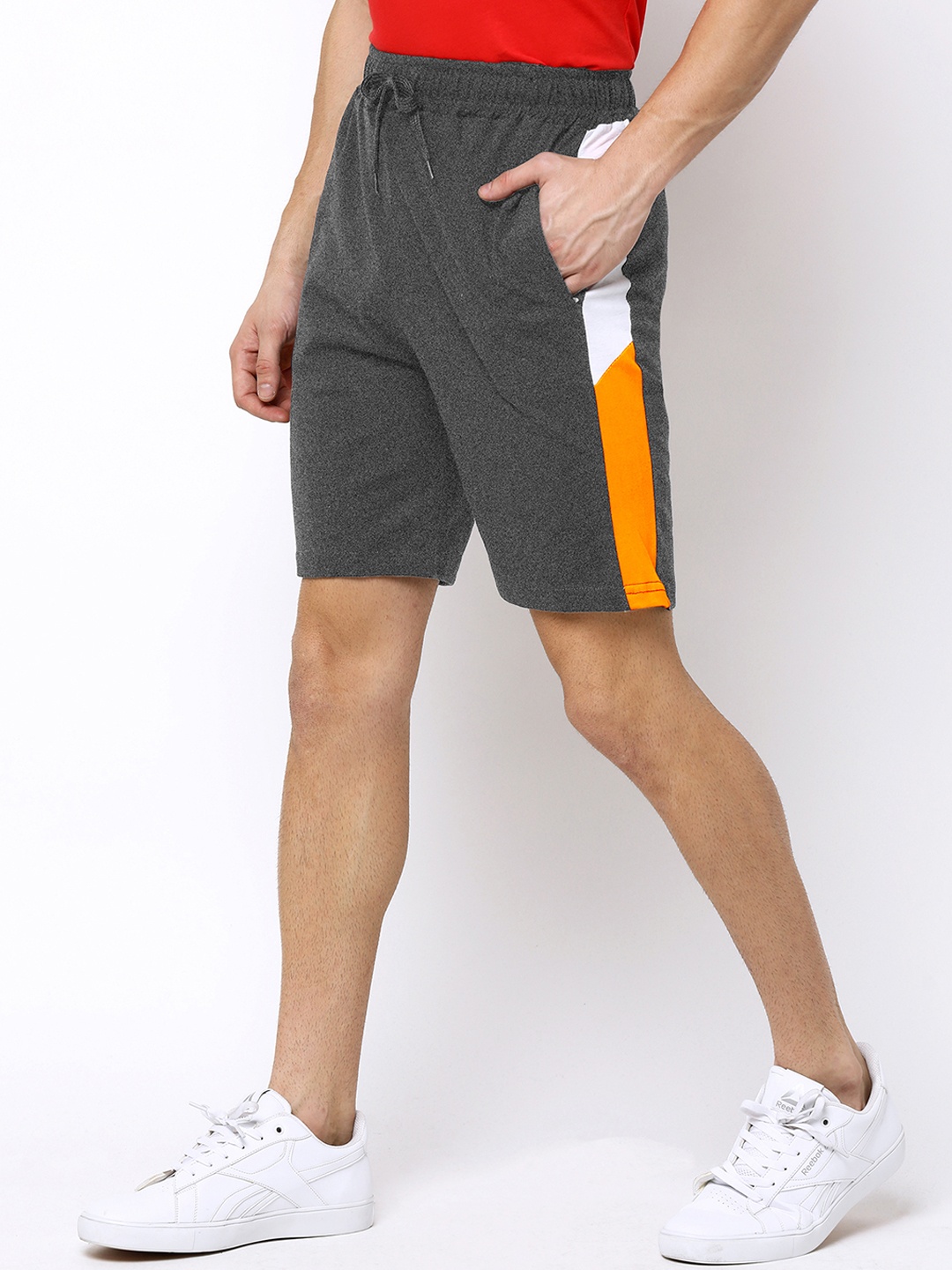

Maniac Men Charcoal Grey Solid Slim Fit Regular Shorts with Side Stripes