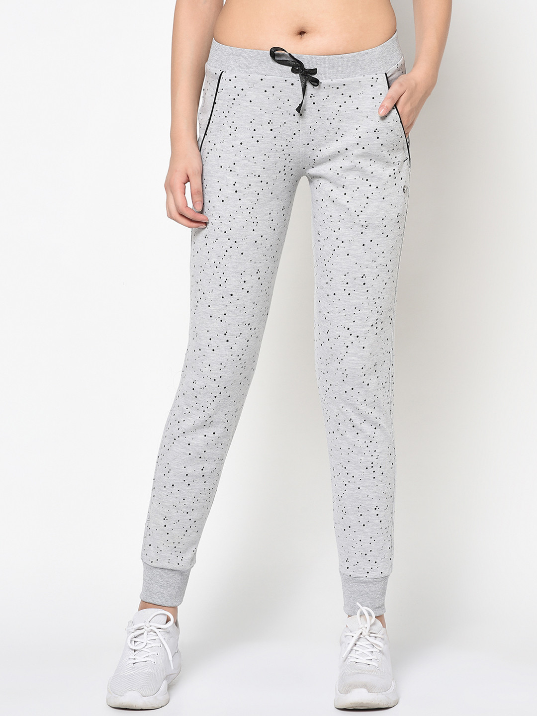 

FEMEA Women Grey Polka Dots Printed Slim-Fit Joggers