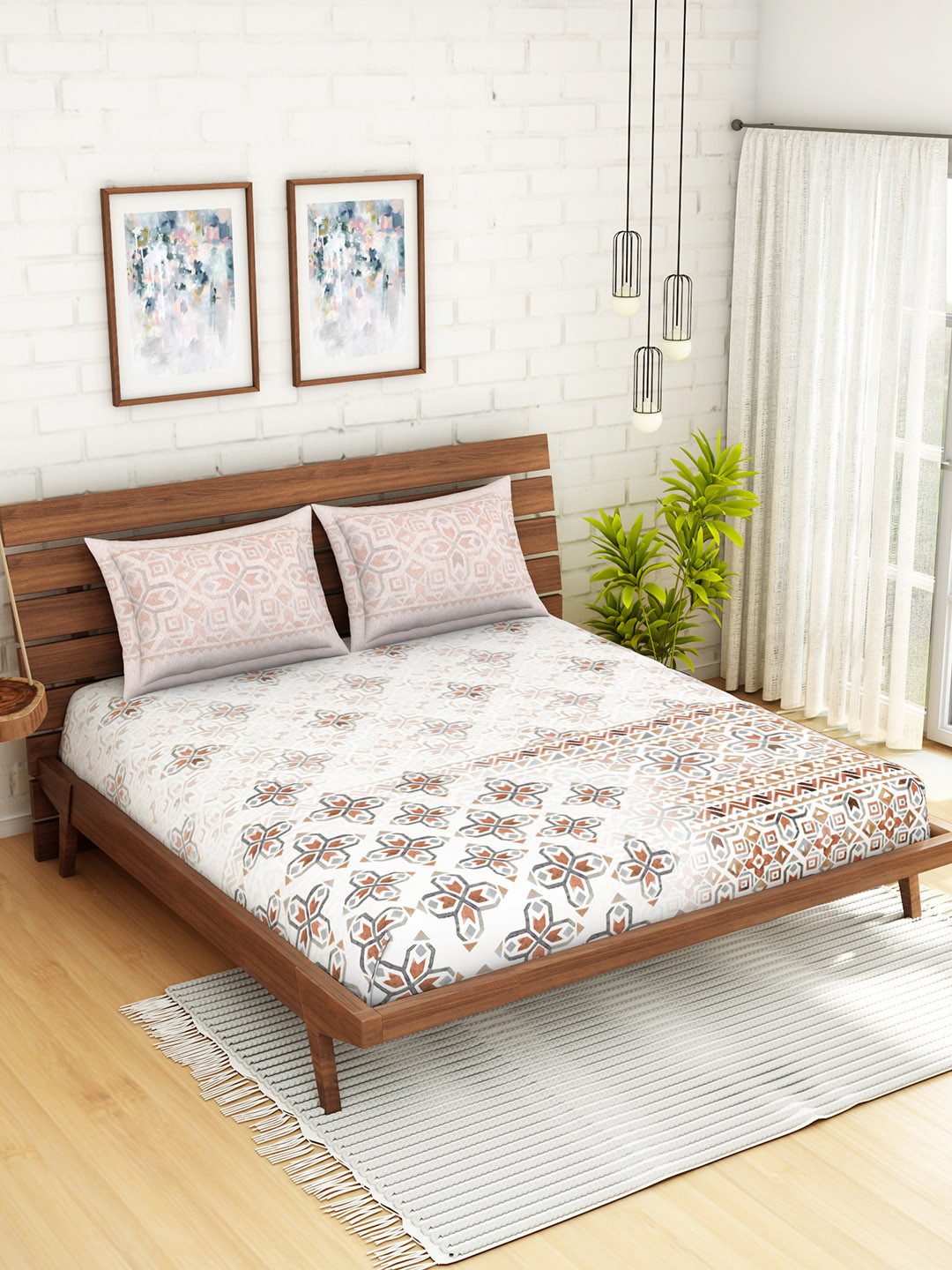 

SPACES Organic Cotton Brown Ethnic Motifs 180 TC Cotton 1 King Bedsheet with 2 Pillow Covers